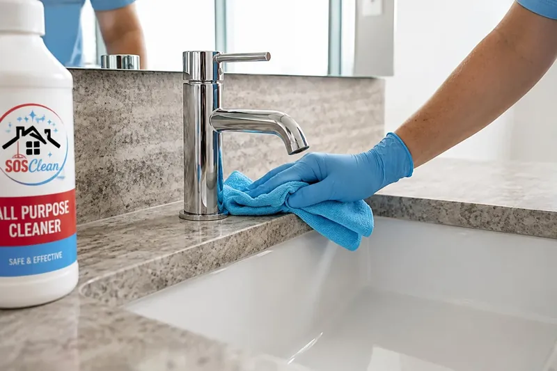 SOSClean promotional image showing detailed bathroom fixture cleaning