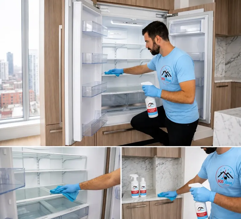 SOSClean-branded promotional images of kitchen and refrigerator cleaning